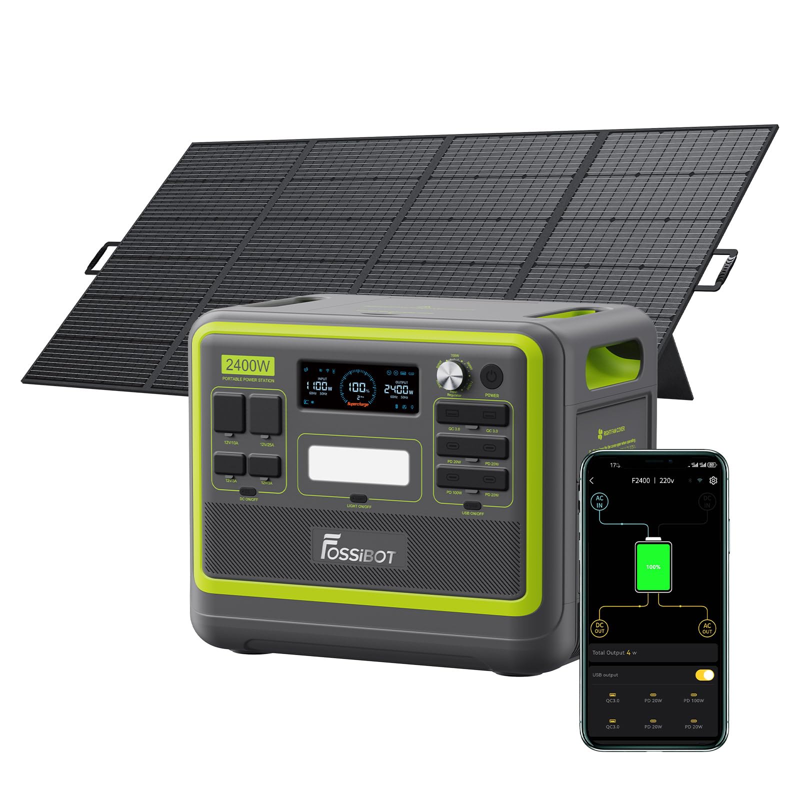 FOSSIBOT Powerstation 2400W AC Ausgängen (4800 W Peak) F2400, Stück mit 200W Solarpanel Power Station, 1100W Superschnelles Tragbare Solargenerator für Zuhause, Camping, RV und Notfall