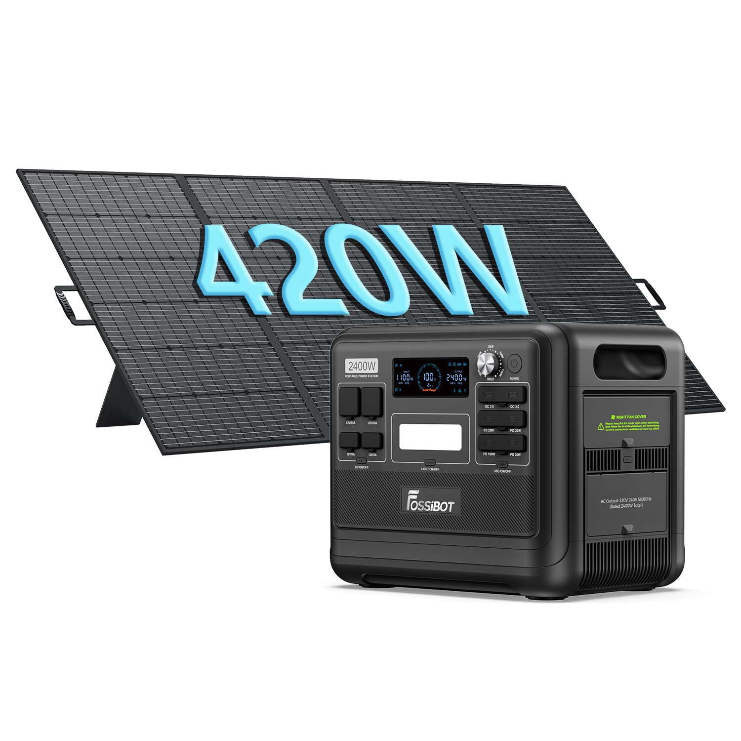 FOSSIBOT Powerstation 2400W AC Ausgängen (4800 W Peak) F2400, Stück mit 200W Solarpanel Power Station, 1100W Superschnelles Tragbare Solargenerator für Zuhause, Camping, RV und Notfall