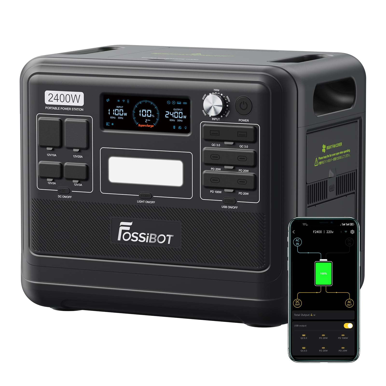 FOSSIBOT Powerstation 2400W AC Ausgängen (4800 W Peak) F2400, Stück mit 200W Solarpanel Power Station, 1100W Superschnelles Tragbare Solargenerator für Zuhause, Camping, RV und Notfall