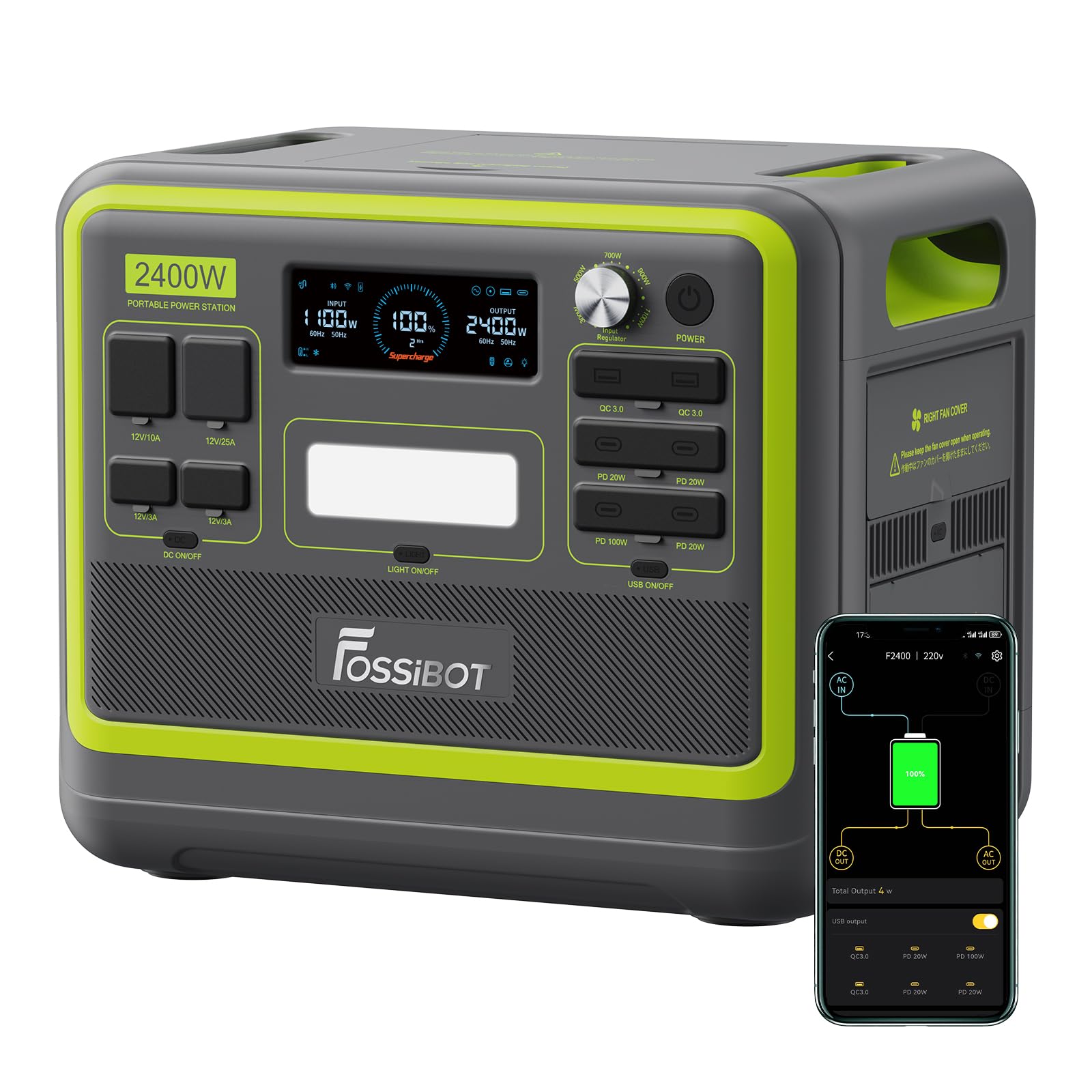 FOSSIBOT Powerstation 2400W AC Ausgängen (4800 W Peak) F2400, Stück mit 200W Solarpanel Power Station, 1100W Superschnelles Tragbare Solargenerator für Zuhause, Camping, RV und Notfall